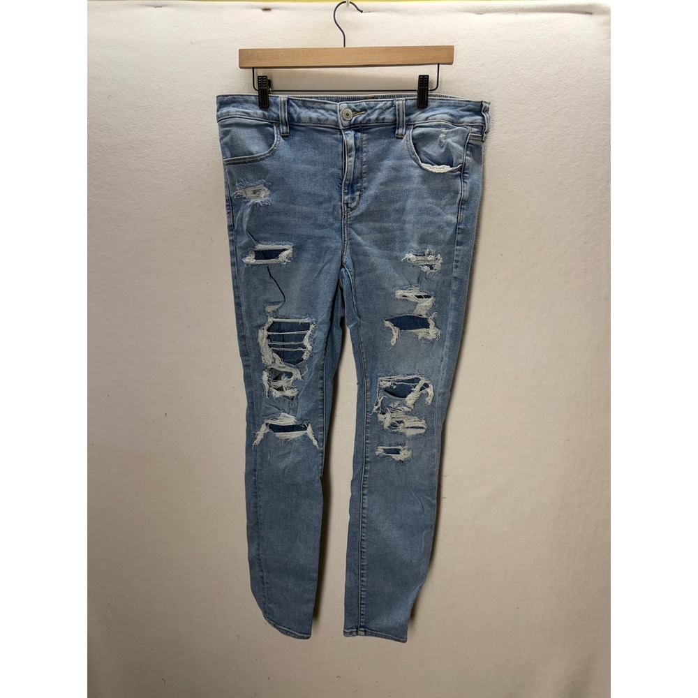 American Eagle Jegging Women 16 Long Blue Distressed Ripped Denim 3543
